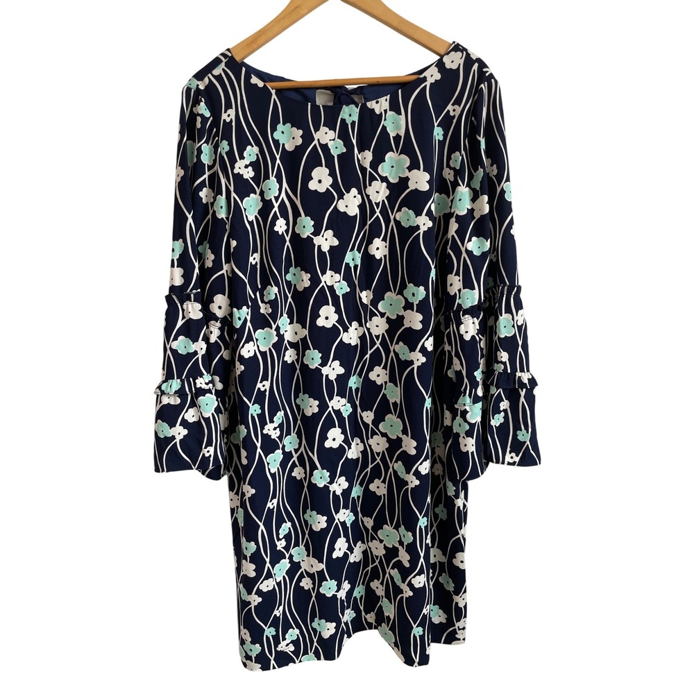 Talbots Womens 16 Navy Blue Floral‎ Tiered Ruffle Bell Sleeve Shift Dress Preppy